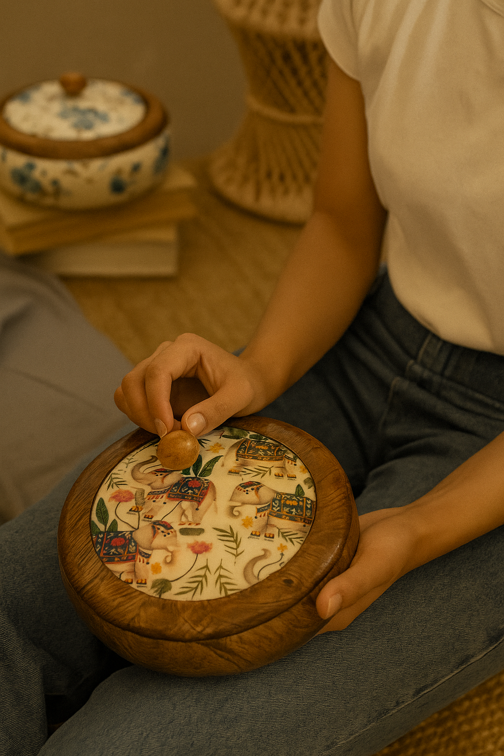 Handcrafted Round Wooden Storage Box with Floral Print Lid – Multipurpose Box for Kitchen, Snacks, Dry Fruits & Biscuits | Blue Petal Collection
