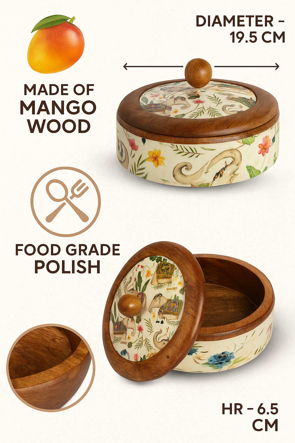 Handcrafted Round Wooden Storage Box with Floral Print Lid – Multipurpose Box for Kitchen, Snacks, Dry Fruits & Biscuits | Blue Petal Collection