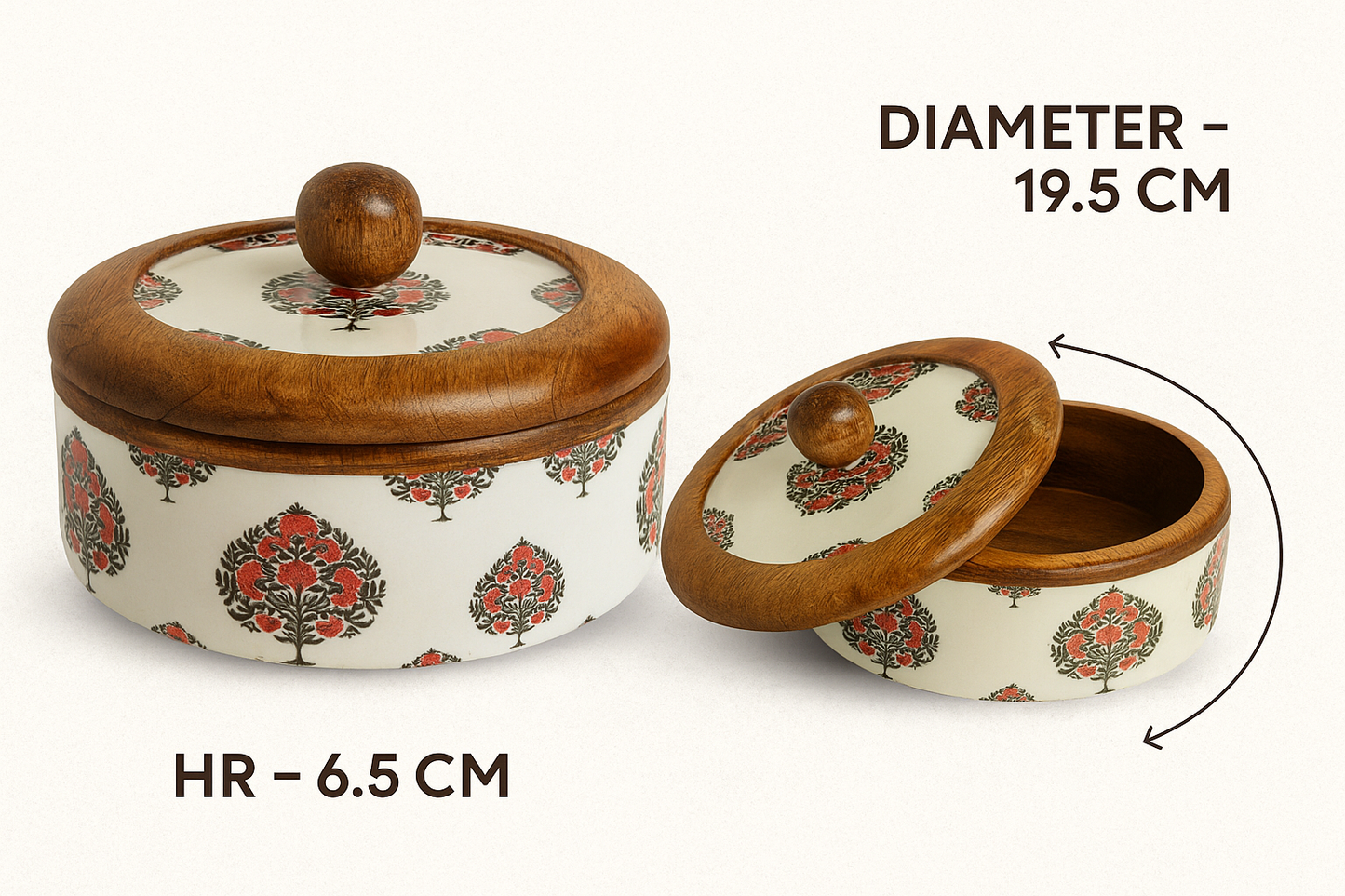 Handcrafted Round Wooden Storage Box with Floral Print Lid – Multipurpose Box for Kitchen, Snacks, Dry Fruits & Biscuits | Blue Petal Collection