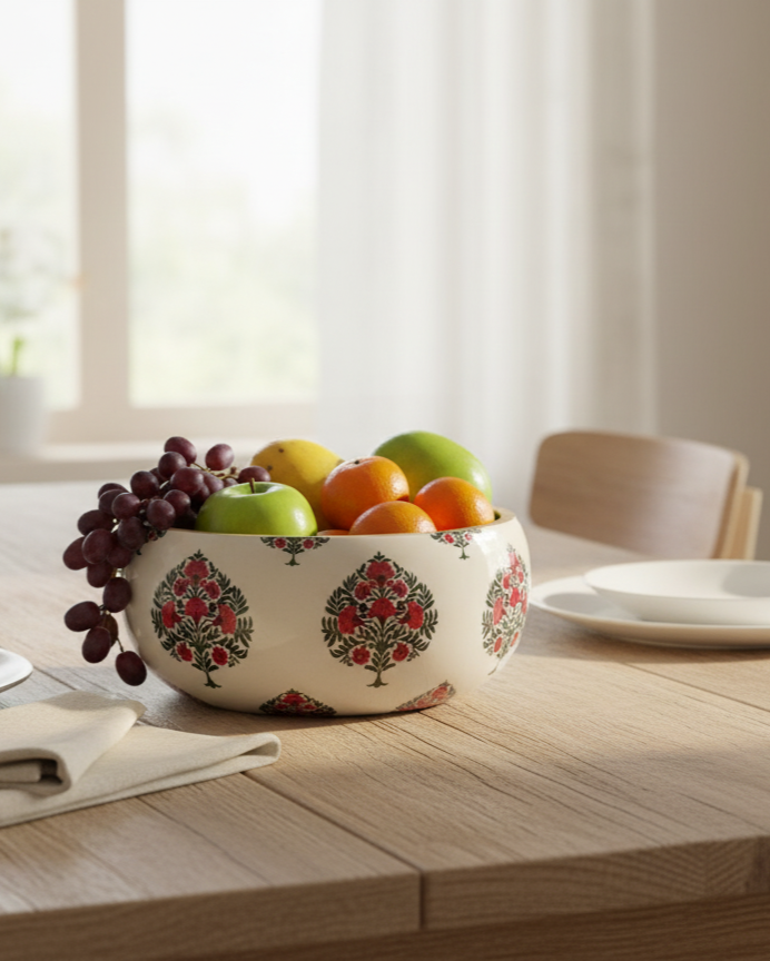Handcrafted wooden roti box with floral print lid – multipurpose natural hot pot, rice box, dry fruit container, and serveware | Hue of Red collection
