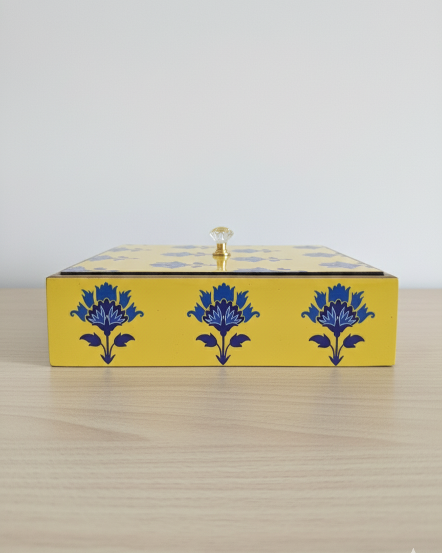 Handcrafted Wooden Tea Box with 4 Compartments – Printed Lid | Multipurpose Storage Organizer