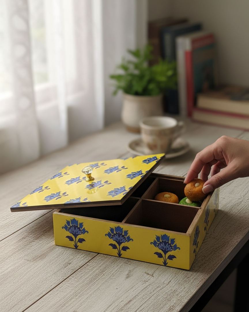Handcrafted Wooden Tea Box with 4 Compartments – Printed Lid | Multipurpose Storage Organizer