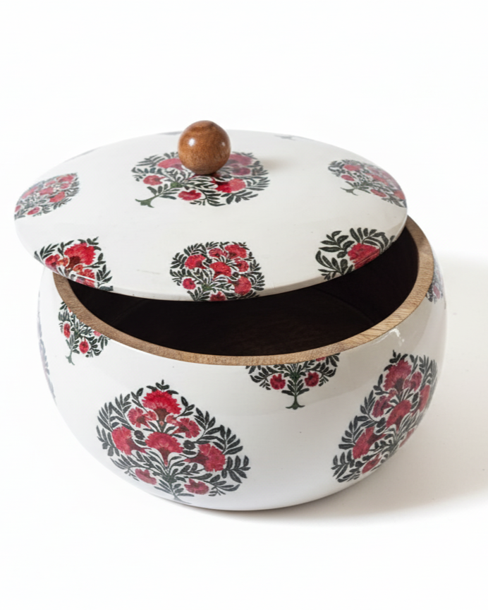 Handcrafted wooden roti box with floral print lid – multipurpose natural hot pot, rice box, dry fruit container, and serveware | Hue of Red collection