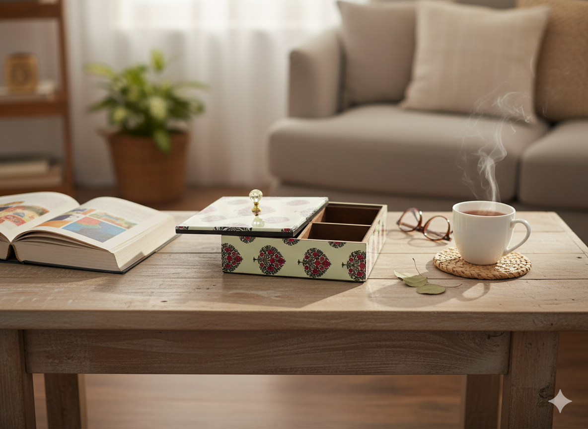 Handcrafted Wooden Tea/ Dry Fruit Box with 4 Compartments – Printed Lid | Multipurpose Storage Organizer | Hue of Red Collection