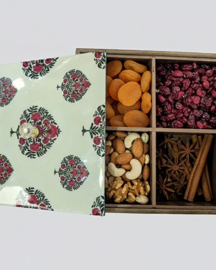 Handcrafted Wooden Tea/ Dry Fruit Box with 4 Compartments – Printed Lid | Multipurpose Storage Organizer | Hue of Red Collection