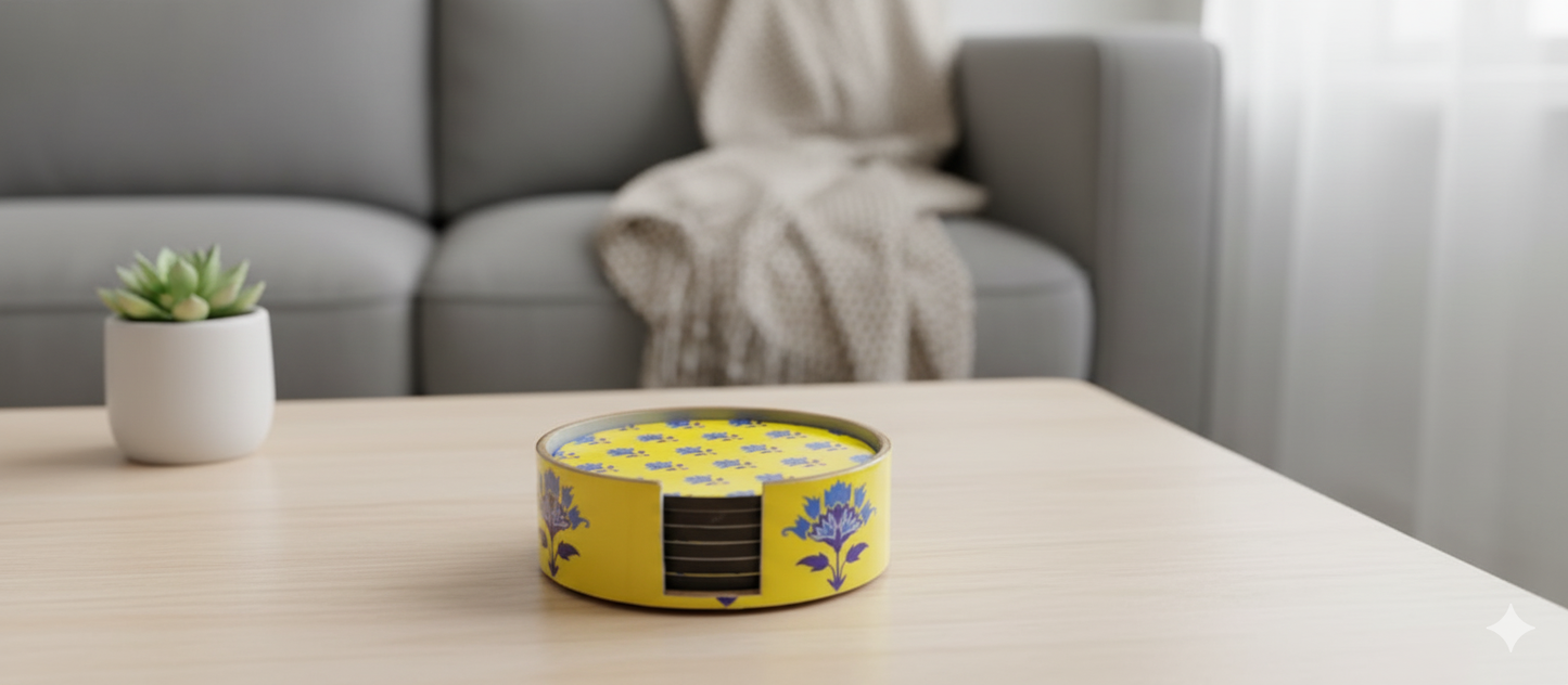 Handcrafted Round MDF Coasters – Set of 6 coasters | Round, Durable & Stylish Drink Coasters | The Yellow Bloom Collection
