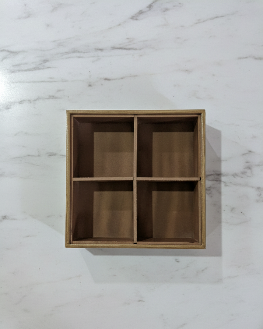 Handcrafted Wooden Tea Box with 4 Compartments – Printed Lid | Multipurpose Storage Organizer