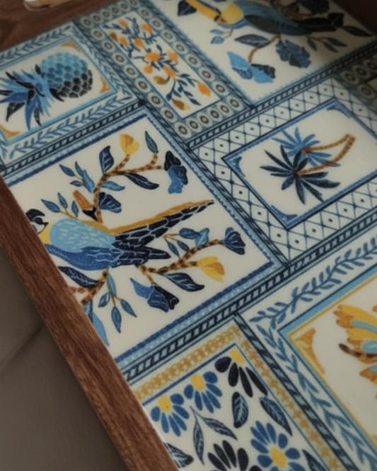Artisan Tropical Tile & Wood Serving Tray - Handcrafted Decorative Platter with Bird & Botanical Design