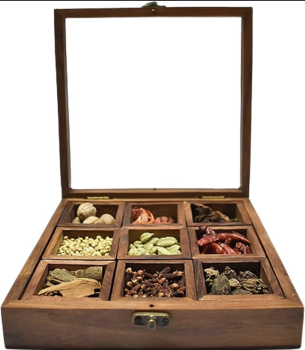 Sheesham Wooden Masala Box – 9 Compartment Spice Organizer with Glass Lid | Ooshma Studios