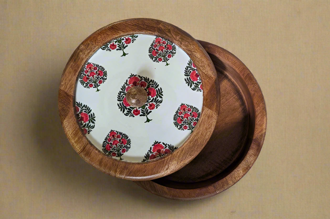 Handcrafted Round Wooden Storage Box with Floral Print Lid – Multipurpose Box for Kitchen, Snacks, Dry Fruits & Biscuits | Blue Petal Collection