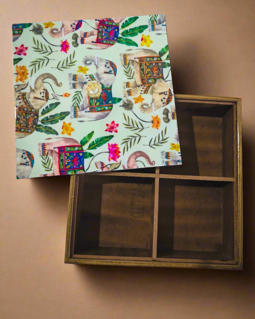 Handcrafted Wooden Tea/ Dry Fruit Box with 4 Compartments – Printed Lid | Multipurpose Storage Organizer | Hue of Red Collection