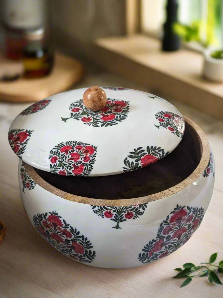 Handcrafted wooden roti box with floral print lid – multipurpose natural hot pot, rice box, dry fruit container, and serveware | Hue of Red collection