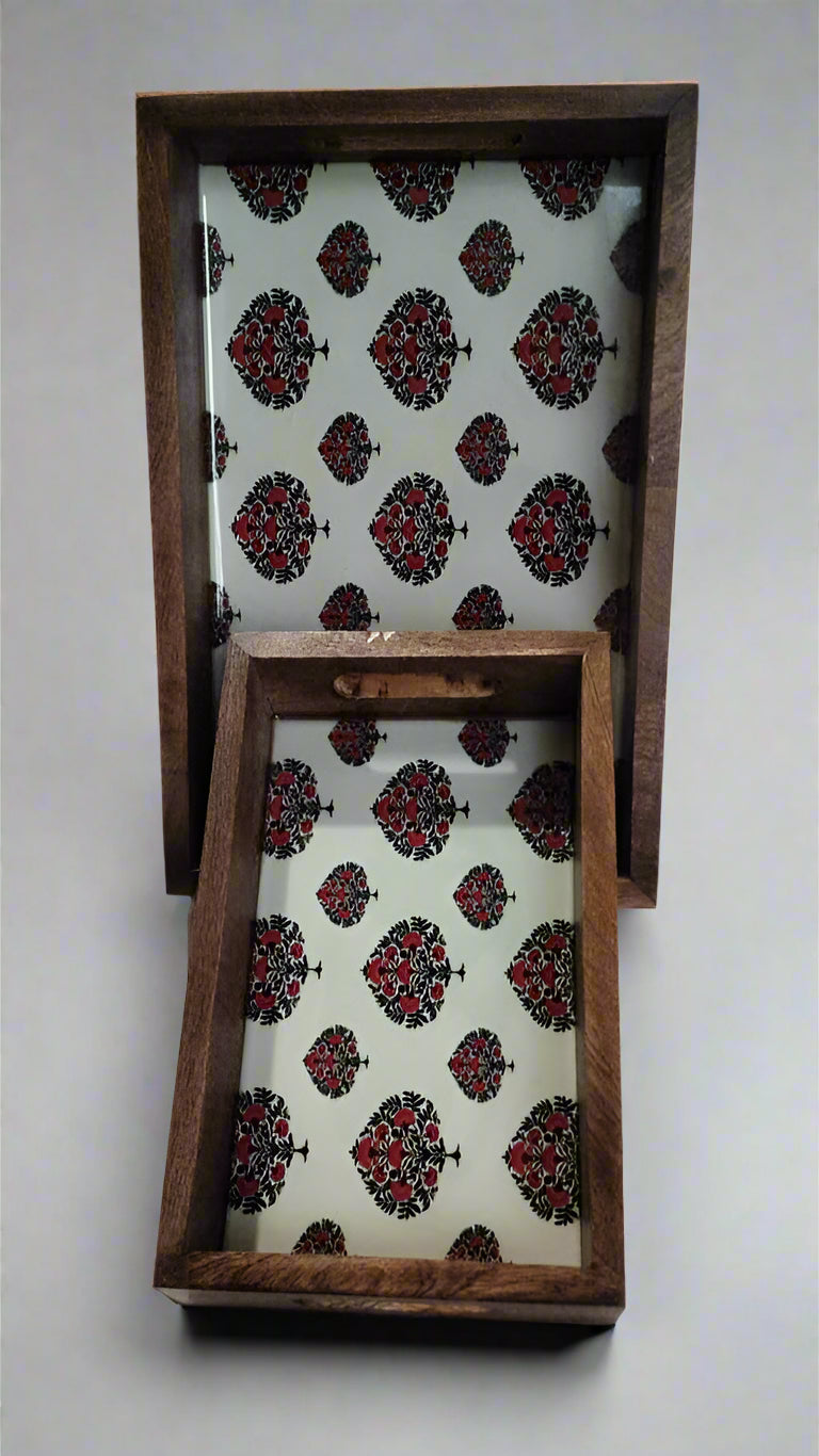 Multipurpose Wooden Tray Combo with Traditional Art Print | Nesting Serving Set