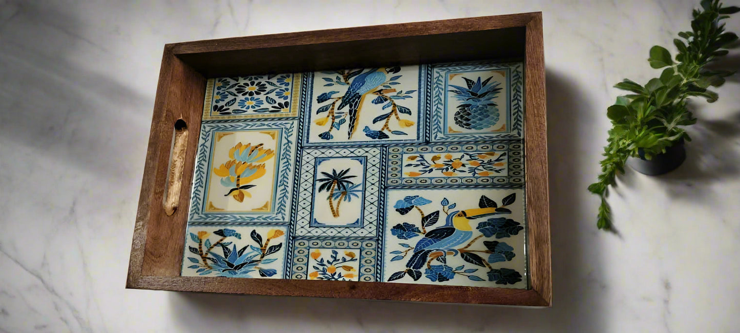 Artisan Tropical Tile & Wood Serving Tray - Handcrafted Decorative Platter with Bird & Botanical Design
