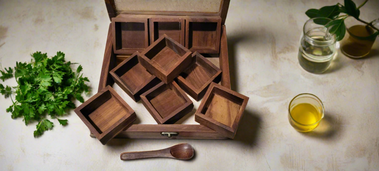 Sheesham Wooden Masala Box – 9 Compartment Spice Organizer with Glass Lid | Ooshma Studios