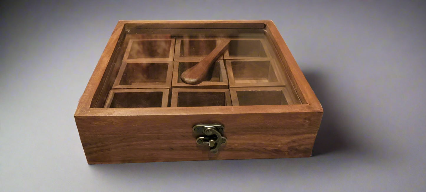 Sheesham Wooden Masala Box – 9 Compartment Spice Organizer with Glass Lid | Ooshma Studios