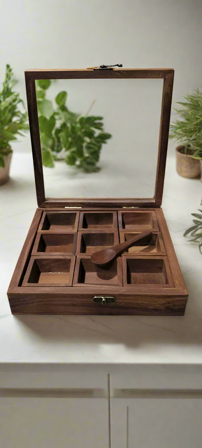 Sheesham Wooden Masala Box – 9 Compartment Spice Organizer with Glass Lid | Ooshma Studios