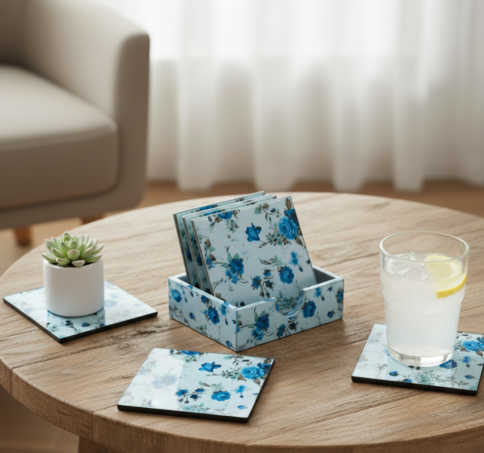 Handcrafted Square MDF Coasters – Set of 6 coasters | Durable & Stylish Drink Coasters | Blue Petal Collection