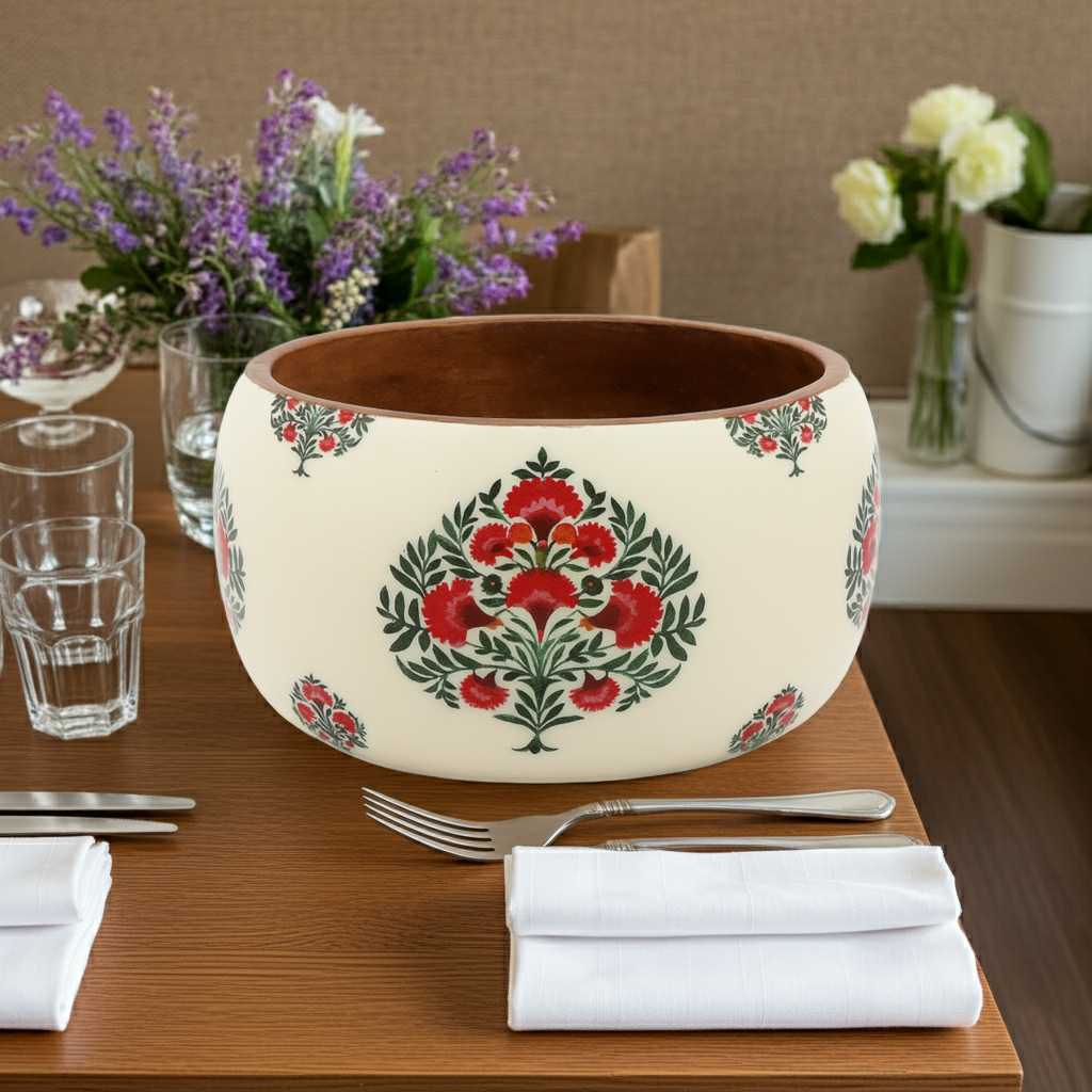 Handcrafted Wooden Bowl with Matching Spoon Set – Multipurpose Kitchen & Dining Storage/Serving Bowl | Hue of Red Collection