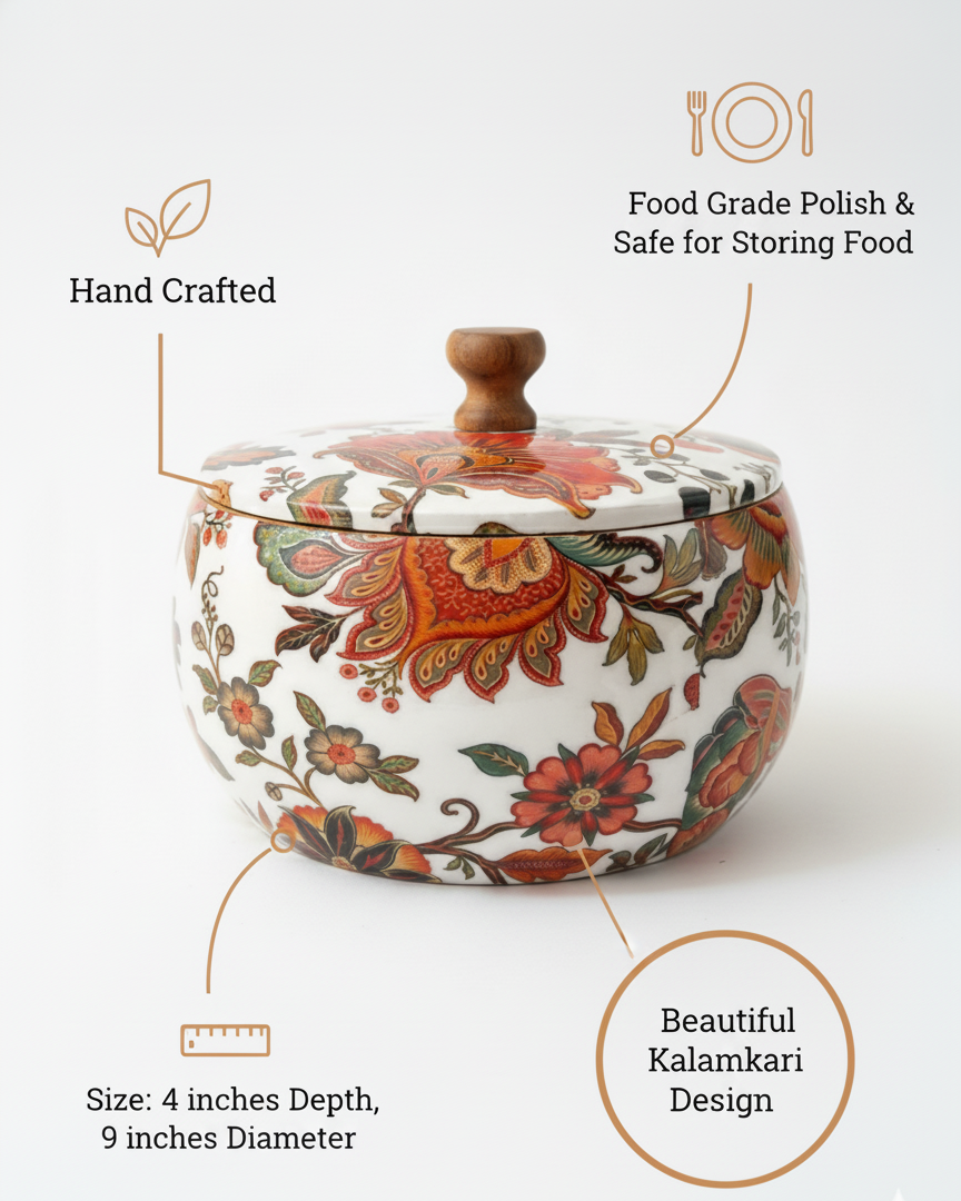 Chhap Tilak Handcrafted Casserole | Vintage Kalamkari-Style Serving Dish