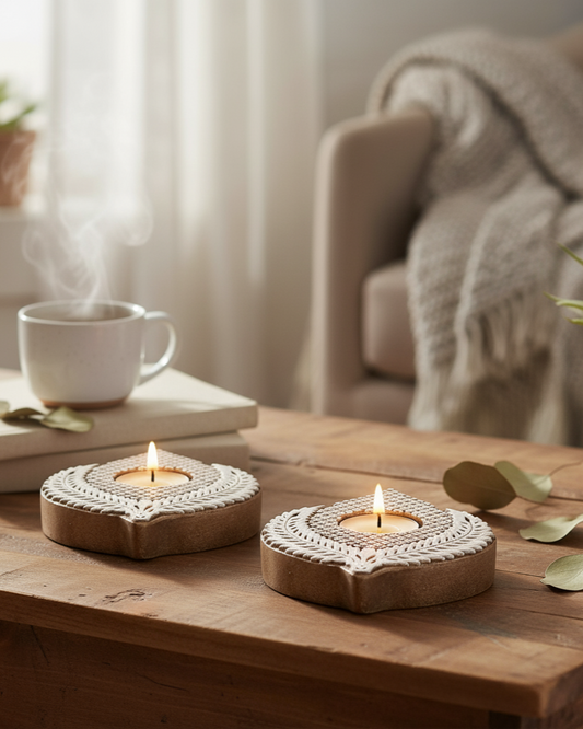 Artisan Hand-Carved Wood Teardrop Tealight Candle Holder | Boho Engraved Design