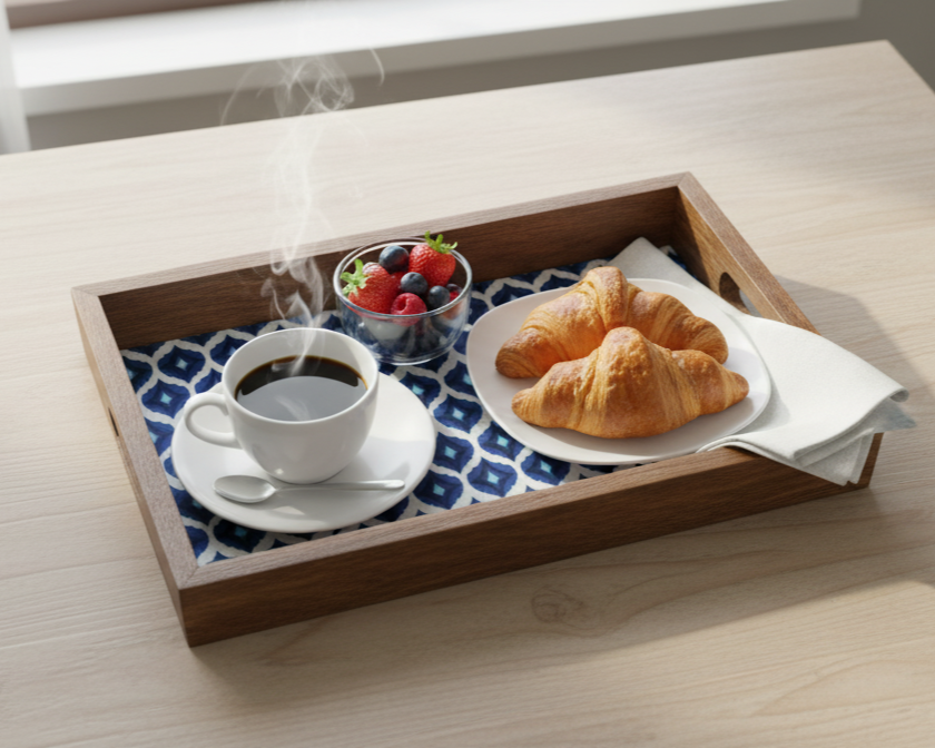 Breakfast tray with coffee, croissants, and berries on a wooden table.