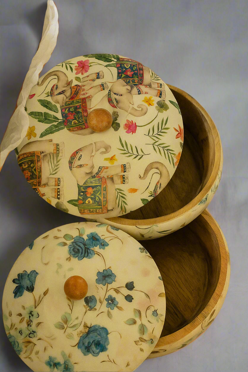 Handcrafted wooden roti box with floral print lid – multipurpose natural hot pot, rice box, dry fruit container, and serveware | Blue Petal Collection