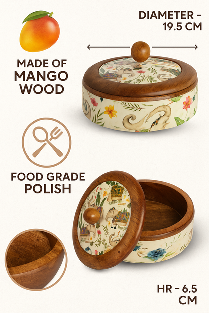 Handcrafted Round Wooden Storage Box with Floral Print Lid – Multipurpose Box for Kitchen, Snacks, Dry Fruits & Biscuits | Wild Bloom Collection
