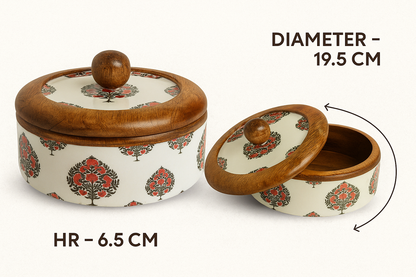 Handcrafted Round Wooden Storage Box with Floral Print Lid – Multipurpose Box for Kitchen, Snacks, Dry Fruits & Biscuits | Wild Bloom Collection