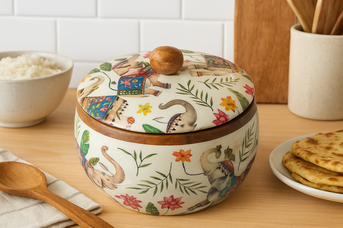 Handcrafted wooden roti box with floral print lid – multipurpose natural hot pot, rice box, dry fruit container, and serveware | Blue Petal Collection