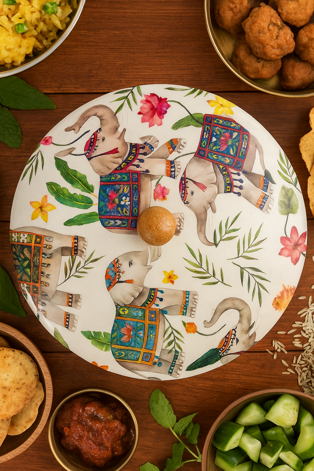 Handcrafted wooden roti box with floral print lid – multipurpose natural hot pot, rice box, dry fruit container, and serveware | Wild Bloom Collection