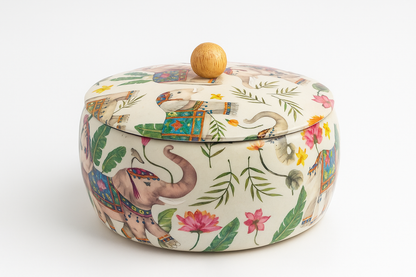 Handcrafted wooden roti box with floral print lid – multipurpose natural hot pot, rice box, dry fruit container, and serveware | Wild Bloom Collection