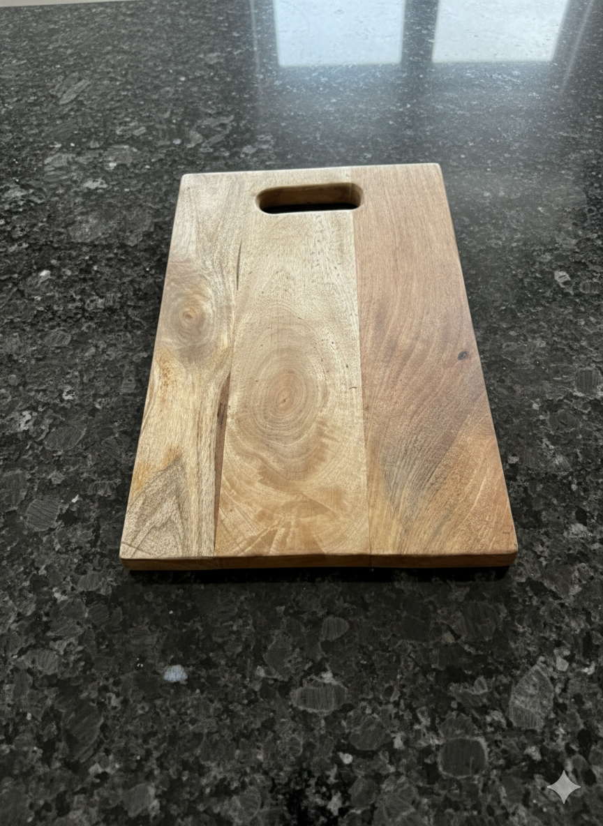 Wooden cutting board on a dark granite countertop