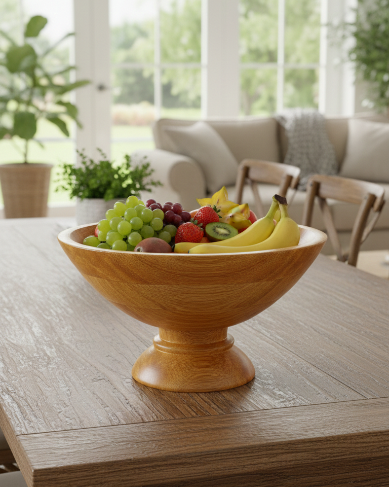Wooden bowl with fruits on a wooden table in a bright room with plants and furniture.