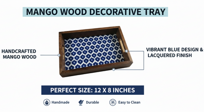 Artisan Wood Breakfast & Serving Tray with Designer Blue Ikat Print