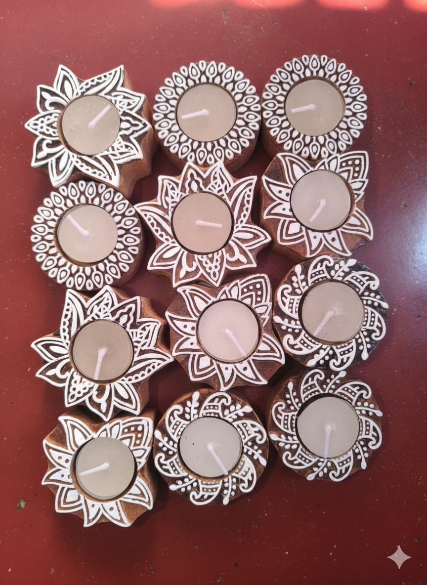 Bohemian Mandala Wooden Tea Light Set (10 Pieces)