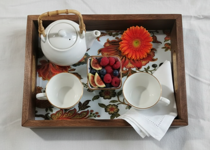 Handcrafted Wooden Serving Tray (Orange Floral Print) | Elegant Tea & Coffee Platter | Rustic Decor Accent | 12x8 Inch