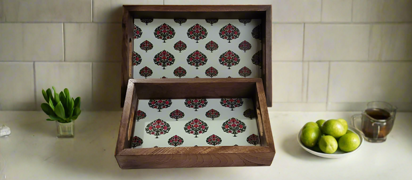 Multipurpose Wooden Tray Combo with Traditional Art Print | Nesting Serving Set