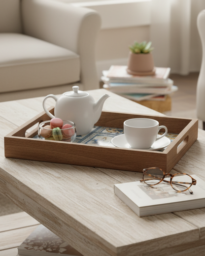 Artisan Tropical Tile & Wood Serving Tray - Handcrafted Decorative Platter with Bird & Botanical Design