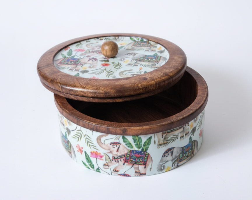Handcrafted Round Wooden Storage Box with Floral Print Lid – Multipurpose Box for Kitchen, Snacks, Dry Fruits & Biscuits | Wild Bloom Collection