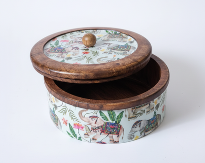 Handcrafted Round Wooden Storage Box with Floral Print Lid – Multipurpose Box for Kitchen, Snacks, Dry Fruits & Biscuits | Wild Bloom Collection