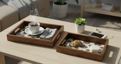 Multipurpose Wooden Tray Combo with Traditional Art Print | Nesting Serving Set