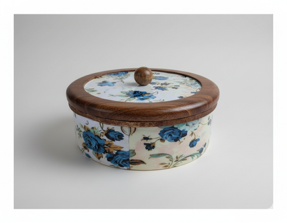 Handcrafted Round Wooden Storage Box with Floral Print Lid – Multipurpose Box for Kitchen, Snacks, Dry Fruits & Biscuits | Blue Petal Collection