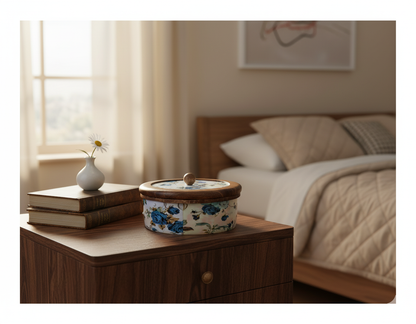 Handcrafted Round Wooden Storage Box with Floral Print Lid – Multipurpose Box for Kitchen, Snacks, Dry Fruits & Biscuits | Blue Petal Collection
