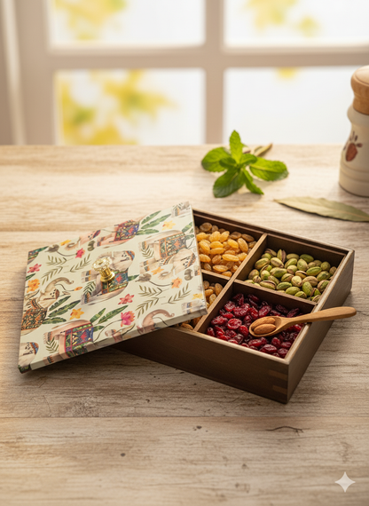 Handcrafted Wooden Tea/ Dry Fruit Box with 4 Compartments – Printed Lid | Multipurpose Storage Organizer | Wild Bloom Collection
