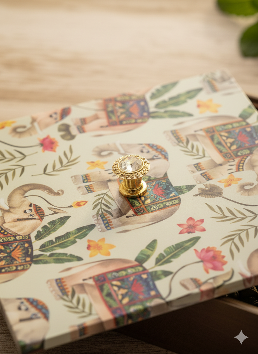 Handcrafted Wooden Tea/ Dry Fruit Box with 4 Compartments – Printed Lid | Multipurpose Storage Organizer | Wild Bloom Collection