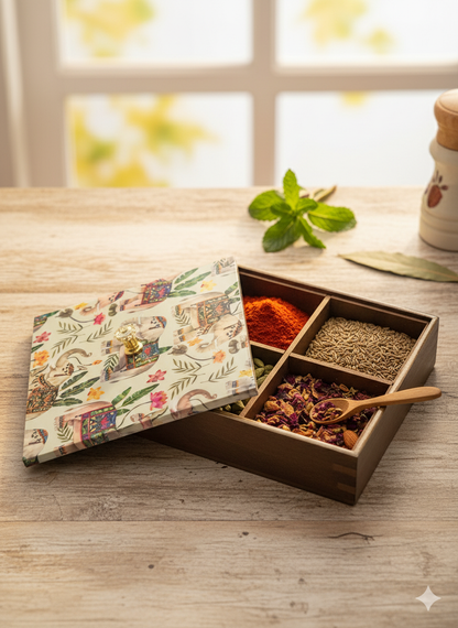 Handcrafted Wooden Tea/ Dry Fruit Box with 4 Compartments – Printed Lid | Multipurpose Storage Organizer | Wild Bloom Collection
