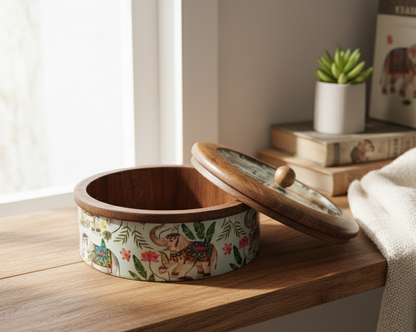 Handcrafted Round Wooden Storage Box with Floral Print Lid – Multipurpose Box for Kitchen, Snacks, Dry Fruits & Biscuits | Wild Bloom Collection