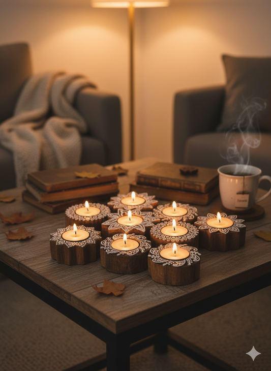 Bohemian Mandala Wooden Tea Light Set (10 Pieces)