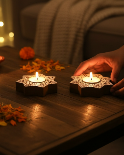 Star-Shaped Wooden Diya / Tealight Candle Holders (Set of 2)